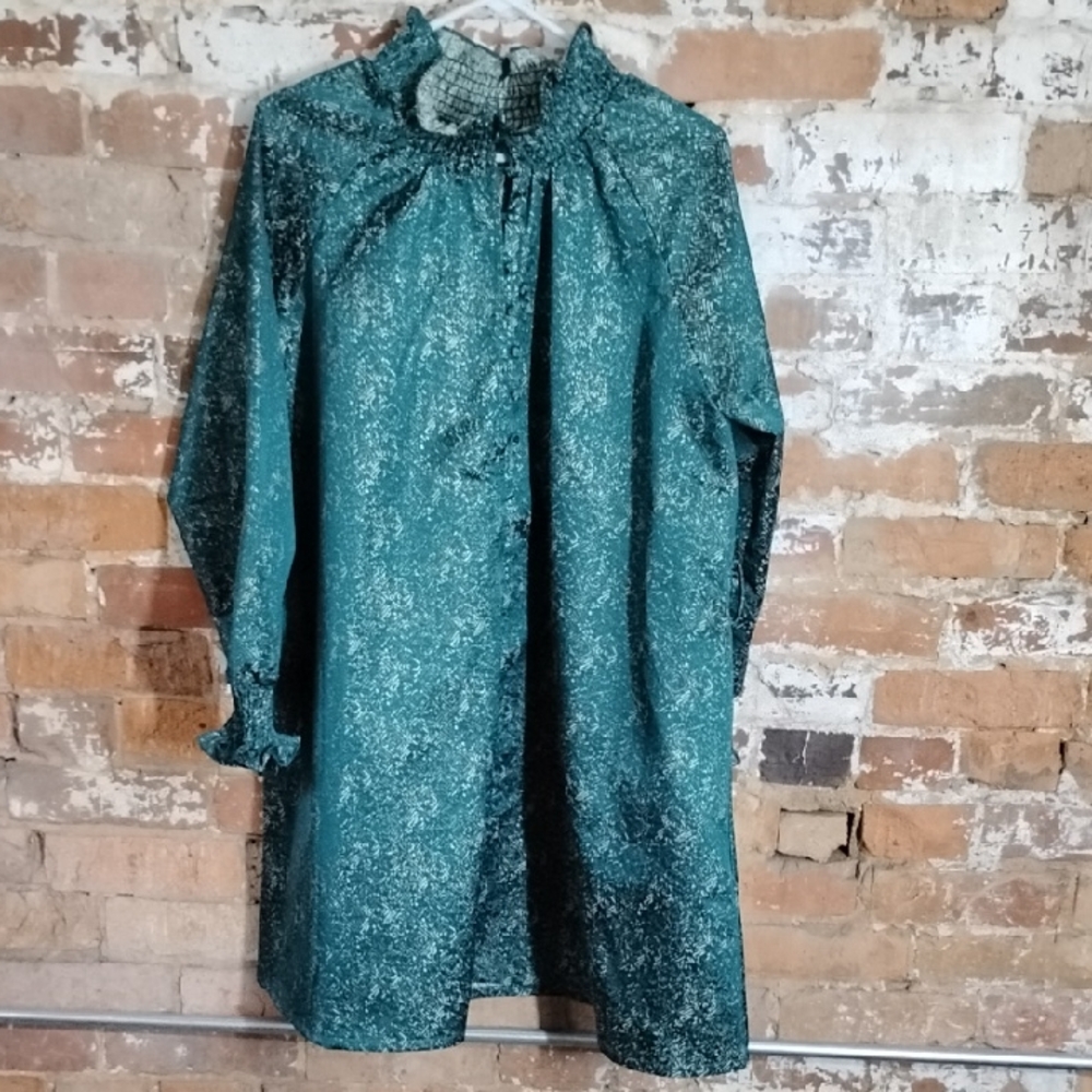 FRNCH Teal Green Long Sleeve Smocked Neck Dress